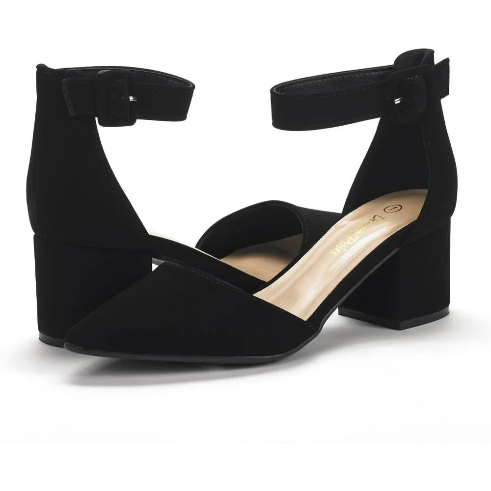 Women's Black Pointed Toe Heels with Ankle Strap 2.25 Inches Block Heel Black - Picture 4 of 6